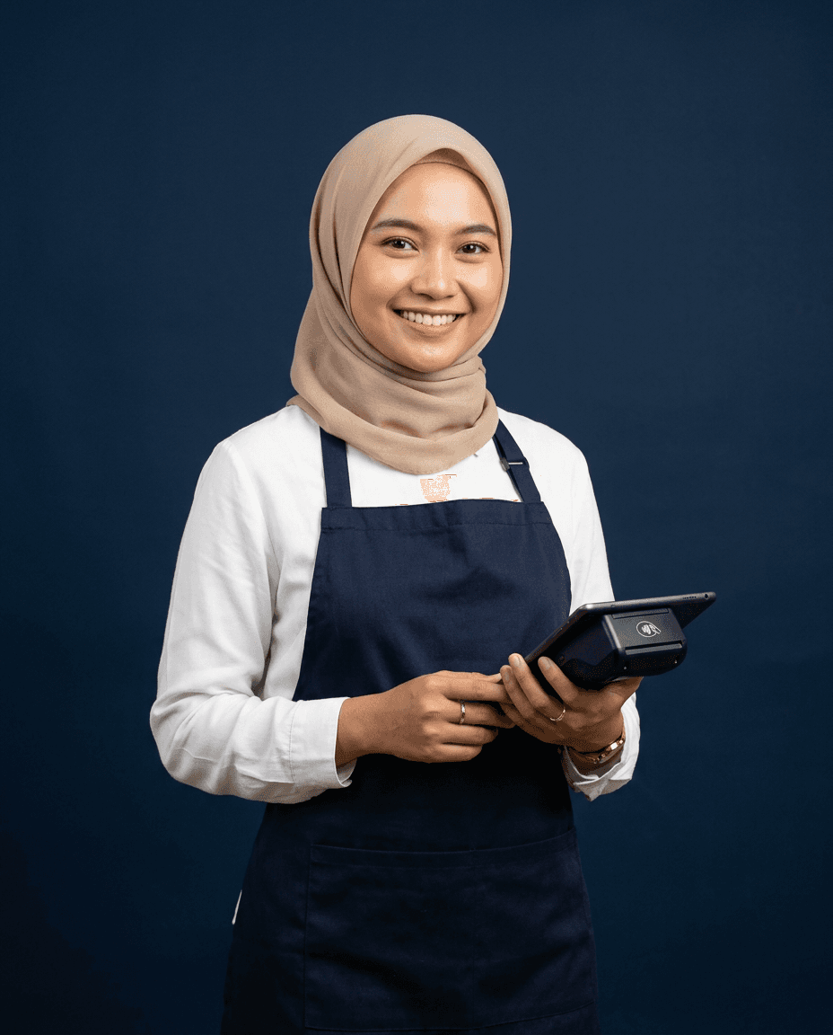 Pemilik kafe berhijab tersenyum sambil memegang tablet berisi aplikasi Loka Kasir
