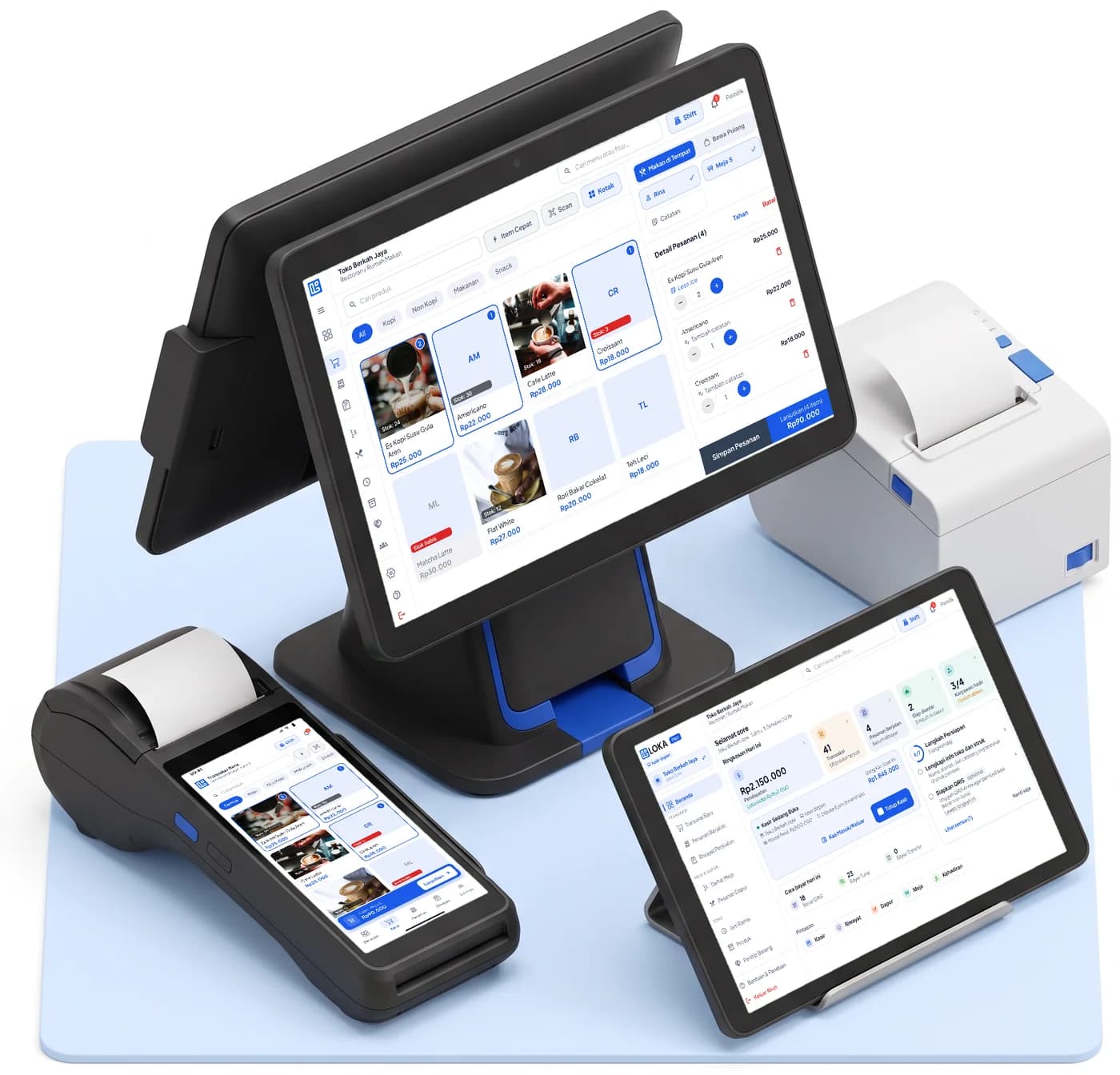 Aplikasi Loka Kasir di mesin POS desktop, POS handheld, dan tablet, bersama printer struk